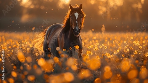 Galloping Horse through Glowing Field of Flowers A Moment of Unparalleled Natural Splendor © idea24Club