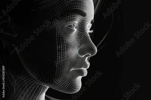 A close up of a woman's face with a wireframe 