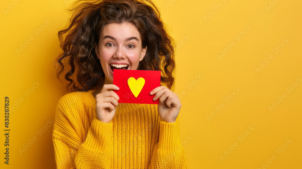 Happy young woman holding a red envelope with a heart, showing excitement against a lively yellow background Happy young woman holding a red envelope with a heart, showing excitement against a lively yellow background