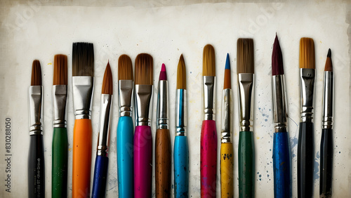 Array of colorful paintbrushes on white photo
