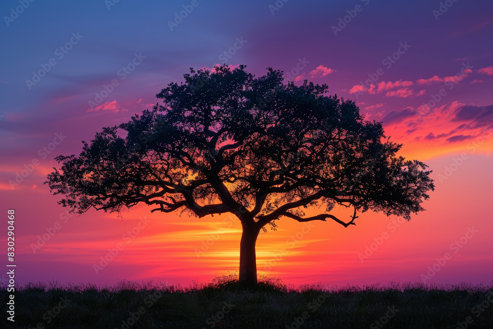 Black and white silhouette of a tree against a backdrop of a colorful sunset sky. Concept of nature's beauty and serenity. Generative Ai. Black and white silhouette of a tree against a backdrop of a colorful sunset sky. Concept of nature's beauty and serenity. Generative Ai.
