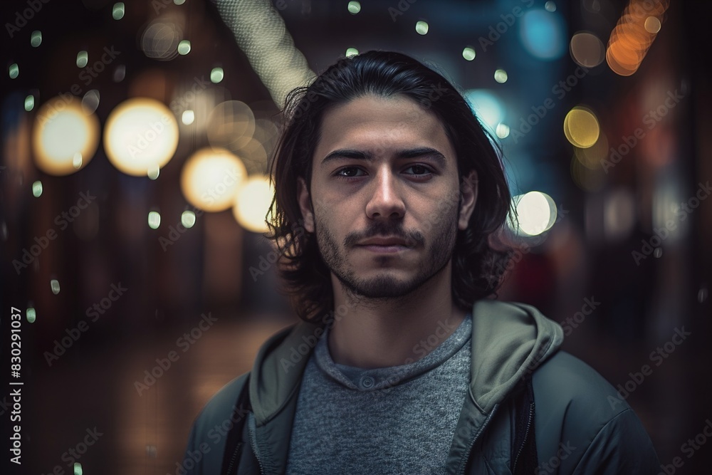 A man with a beard and long hair is standing in a dark alleyway