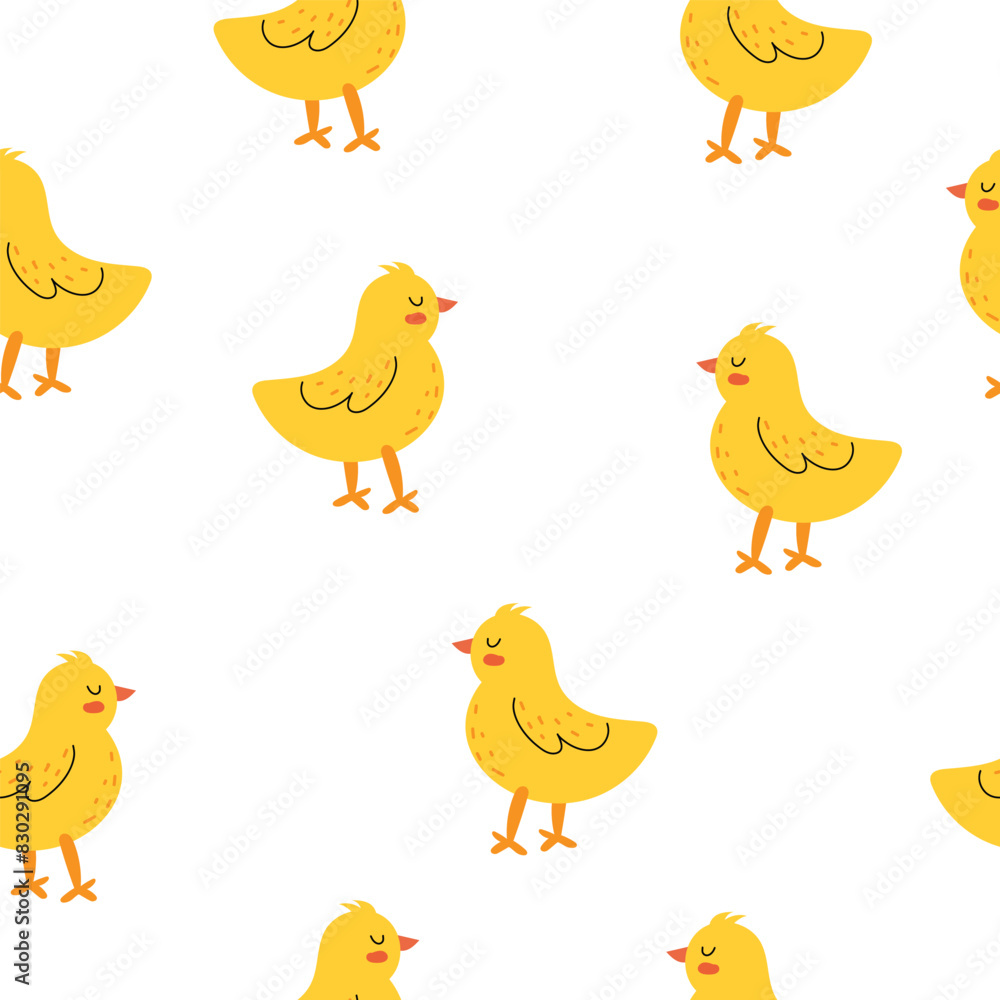Seamless pattern with a chick. Childish cute pattern with yellow chicken. Vector illustration in flat style. Design for print, fabric, textile, wallpaper, wrapping.
