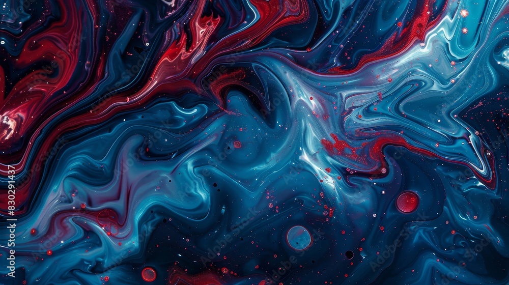 Fototapeta premium Bright cerulean and crimson hues swirling marble textures scattered orbs vibrant Independence Day celebration backdrop