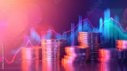 Piles of coins with vibrant charts representing financial growth