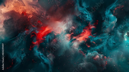 Scarlet and dark teal tones fluid smoke textures glowing light points dynamic celebration backdrop