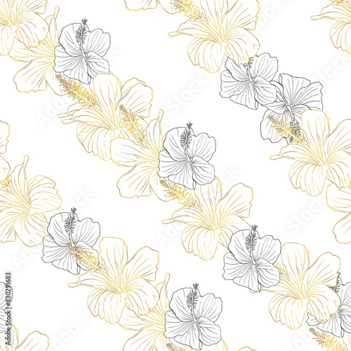 Wallpaper Mural Floral illustration. Hibiscus flower seamless pattern for textile design, scrapbook, wallpaper. Line art black and golden striped hand drawn tropical floral background Torontodigital.ca