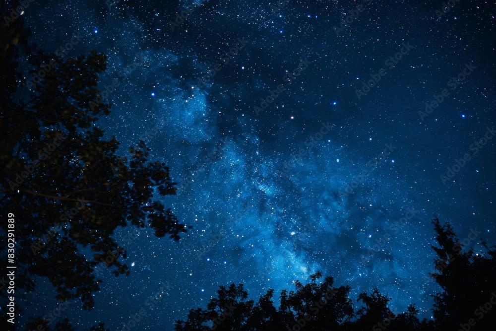 Starry night sky with trees and stars in the foreground Starry night sky with trees and stars in the foreground