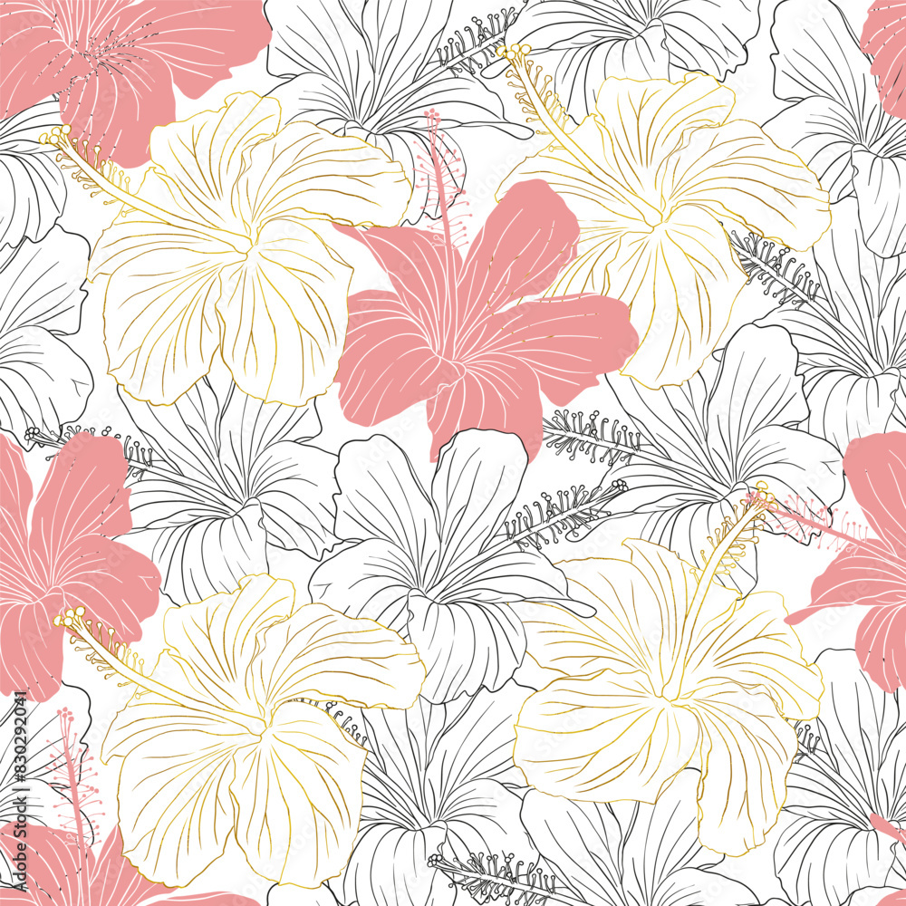 Hibiscus flower seamless pattern for textile design, scrapbook, wallpaper. Line art pink and golden hand drawn tropical floral background. Hibiscus flower seamless pattern for textile design, scrapbook, wallpaper. Line art pink and golden hand drawn tropical floral background.