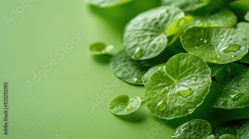 Centella asiatica leaves on a green plain background, banner for Korean cosmetics components photo