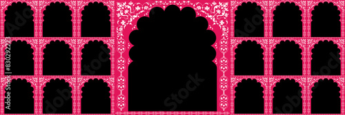 Set of windows Beautiful Arch small and Big Design with Indian Rajasthani fort and Culture. Wedding Backdrop and other uses. Abstract Indian floral rug design, Persian carpet, tribal texture, Vector. 