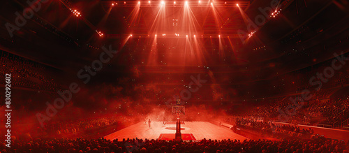 Basketball Stadium with Red lights. Empty arena 