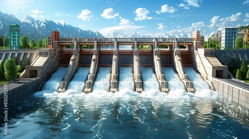 An aerial view of a hydroelectric dam, showing the massive infrastructure used to generate renewable energy from water