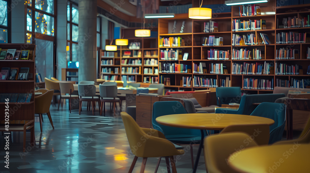 A library with yellow shelves and chairs