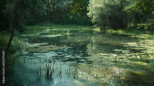A pond with green algae floating on the surface
