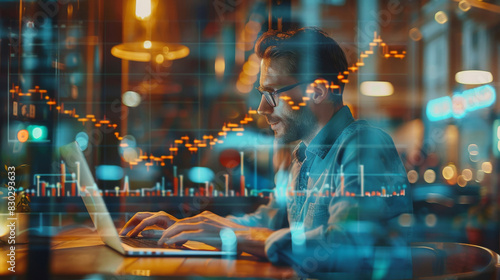 Man works intently on his laptop surrounded by glowing financial graphs photo