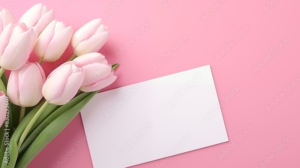 Beautiful Pink Tulip Bouquet with Blank Greeting Card on Pastel Pink Background Beautiful Pink Tulip Bouquet with Blank Greeting Card on Pastel Pink Background