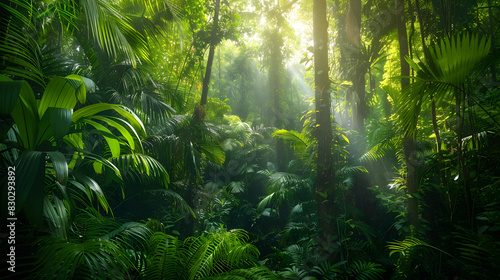 A lush jungle with sunlight shining through the trees
