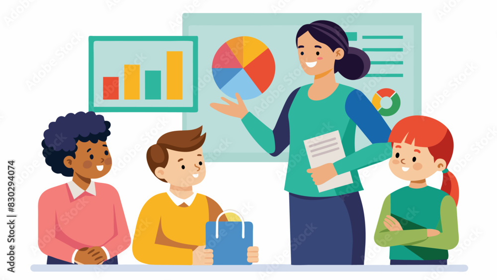 A teacher proudly displays colorful charts and graphs to a group of attentive parents discussing their childs progress in math.. Vector illustration A teacher proudly displays colorful charts and graphs to a group of attentive parents discussing their childs progress in math.. Vector illustration