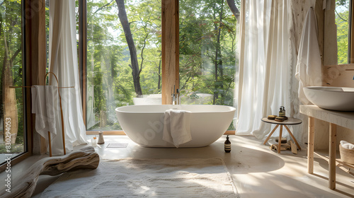 A large bathtub is in a bathroom with a view of trees outside