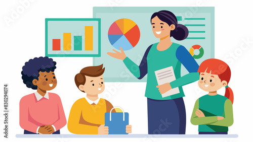 A teacher proudly displays colorful charts and graphs to a group of attentive parents discussing their childs progress in math.. Vector illustration