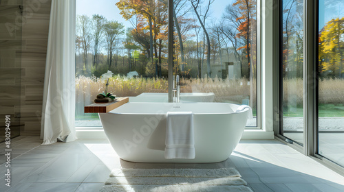 A large bathtub is in a bathroom with a view of trees outside