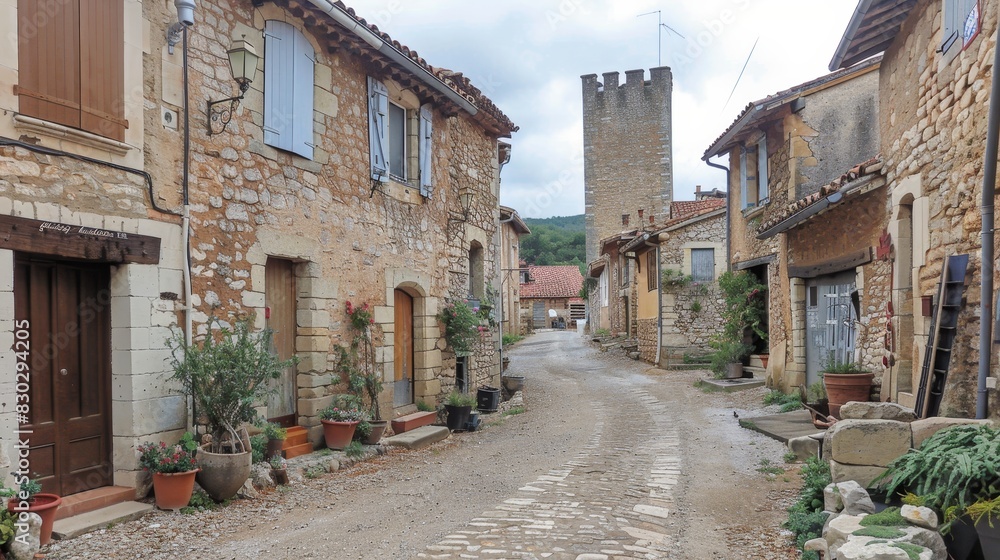 Obraz premium Timeless grandeur medieval castle dominating village with turrets and battlements