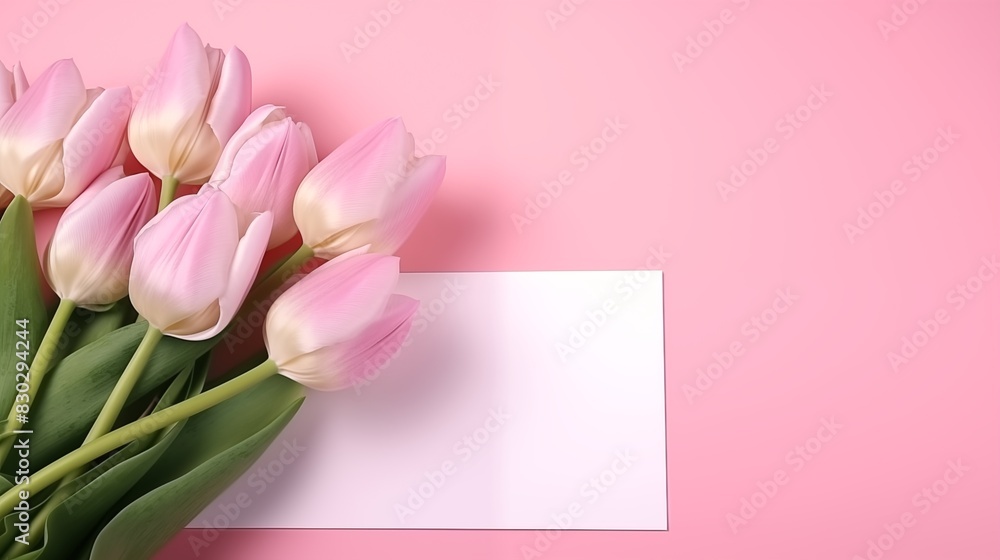 Elegant Pink Tulips and Blank Card on a Pastel Pink Background