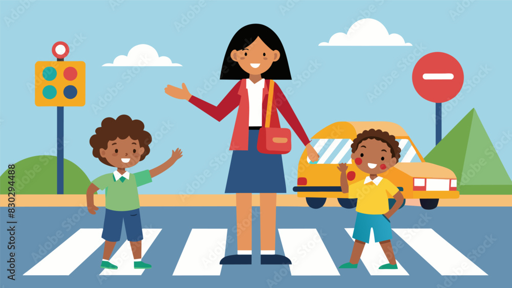Fototapeta premium As cars zoom by the school crossing guard stands tall her stop sign held high as she ensures the students safety with each careful step across the street.. Vector illustration
