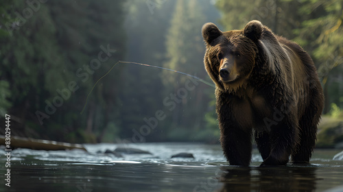 A brown bear is walking through a river, with its head held high photo