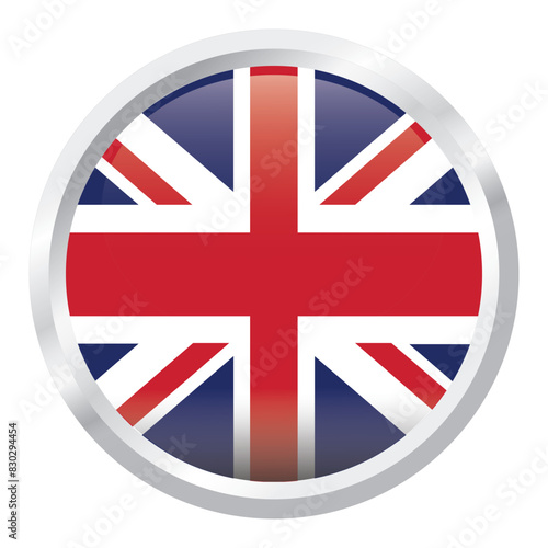 UK flag round shining, glossy, silver round frame around the flag