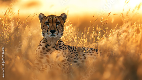 A cheetah is laying in the tall grass, looking at the camera photo