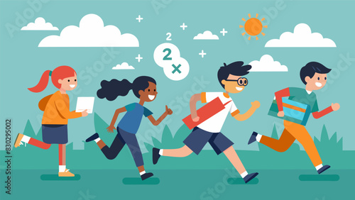 A tense final round of a math scavenger hunt with teams racing against each other to find hidden math problems around the school.. Vector illustration