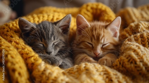 Adorable gray and ginger kittens sleeping soundly in a cozy mustard yellow knitted blanket photo