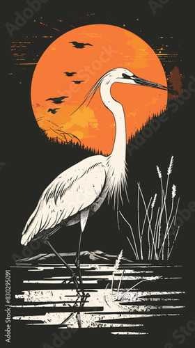 A white bird stands in front of a large orange sun. The bird is a heron and is looking to the right