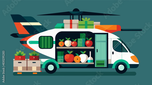 The cargo hold of an eVTOL is filled to the brim with goods of every kind from fresh produce to tingedge tech making it the ultimate transporter for the citys bustling economy.. Vector illustration