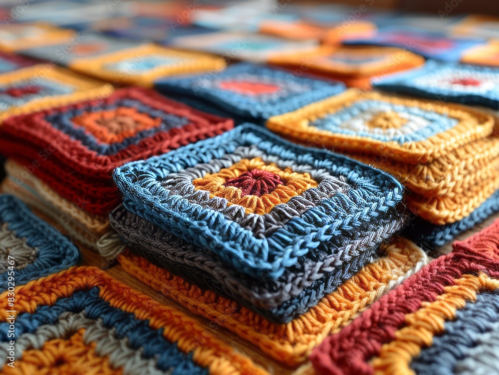 Close-up of colorful crocheted squares stacked on a table.
