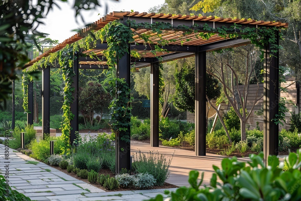 Explore a serene oasis with a wooden pergola car cover featuring hanging plants in pots, creating a suspended garden effect Explore a serene oasis with a wooden pergola car cover featuring hanging plants in pots, creating a suspended garden effect