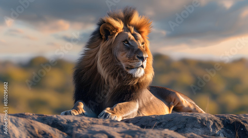 A lion is laying on a rock  looking at the camera