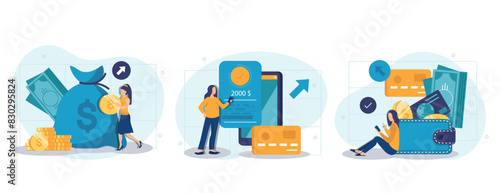 Financial illustration set. Characters saving money in cash, credit card or in savings bank accounts. Personal finance management and savings concept. Vector illustration.