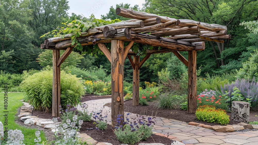 Explore a serene oasis with a wooden pergola car cover featuring hanging plants in pots, creating a suspended garden effect Explore a serene oasis with a wooden pergola car cover featuring hanging plants in pots, creating a suspended garden effect