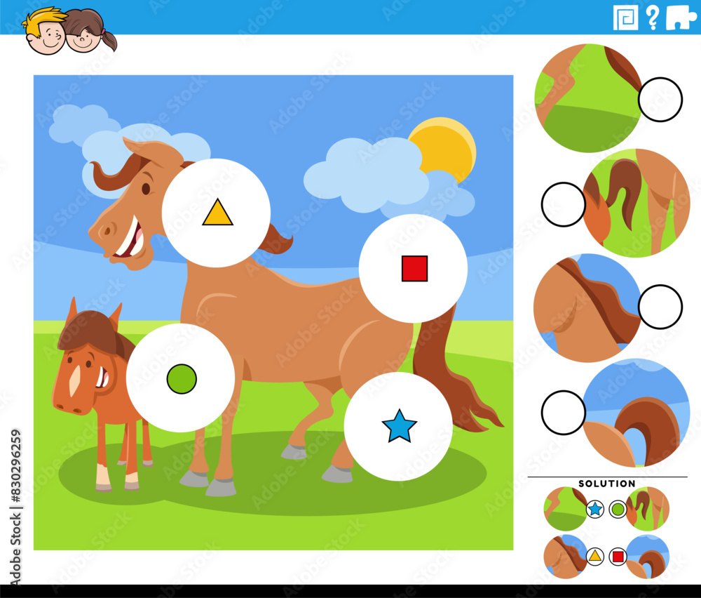 Obraz premium match the pieces activity with cartoon horse and foal farm animals