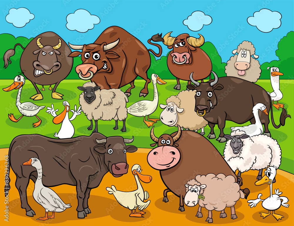 funny cartoon farm animals characters group