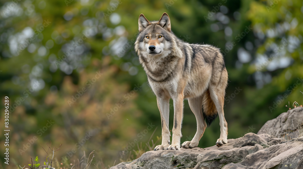 A wolf is standing on a rock in a forest A wolf is standing on a rock in a forest