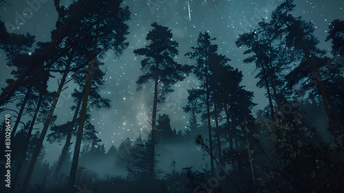 A forest at night with a sky full of stars