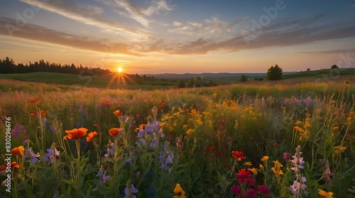 Beautiful sunset over a meadow filled with wildflowers. generative ai