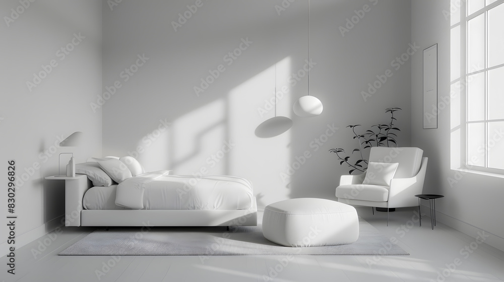 A white bedroom with a bed, chair, and a potted plant A white bedroom with a bed, chair, and a potted plant