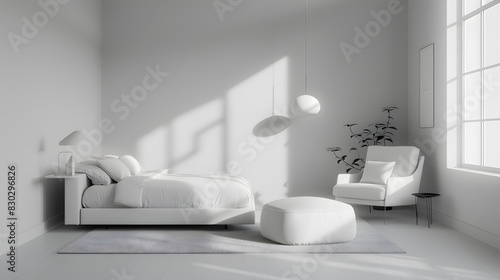A white bedroom with a bed, chair, and a potted plant