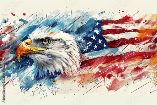 bald eagle with the American flag, illustrated with dynamic brushstrokes and vivid colors