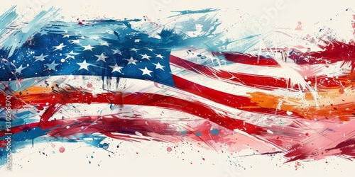 An artistic rendition of the American flag with vivid brushstrokes and dynamic splashes